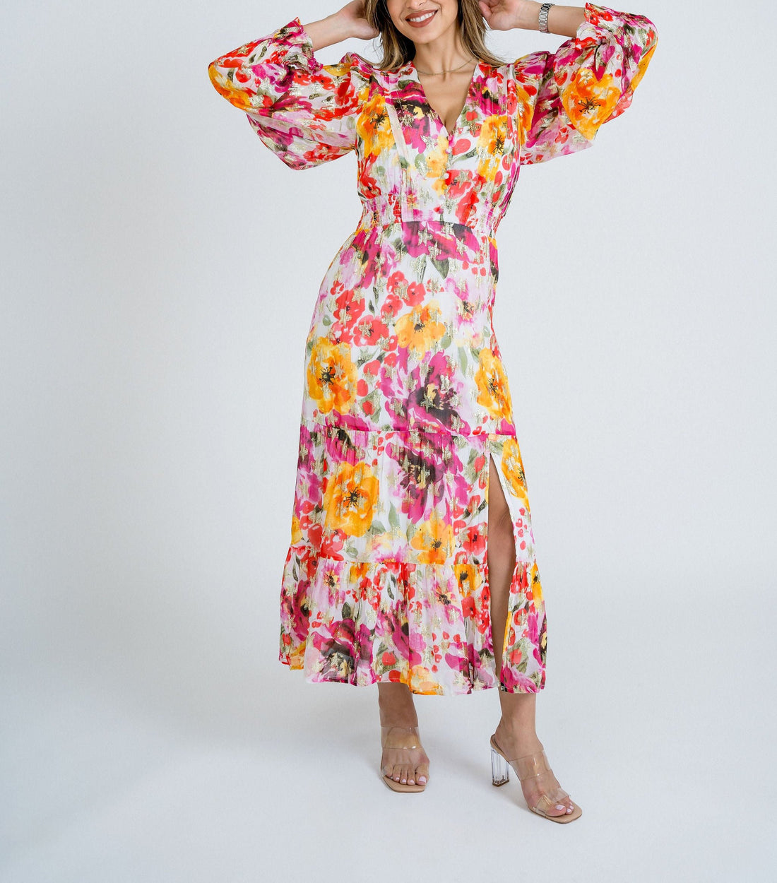Metallic Printed Long Sleeve Floaty Midi Dress