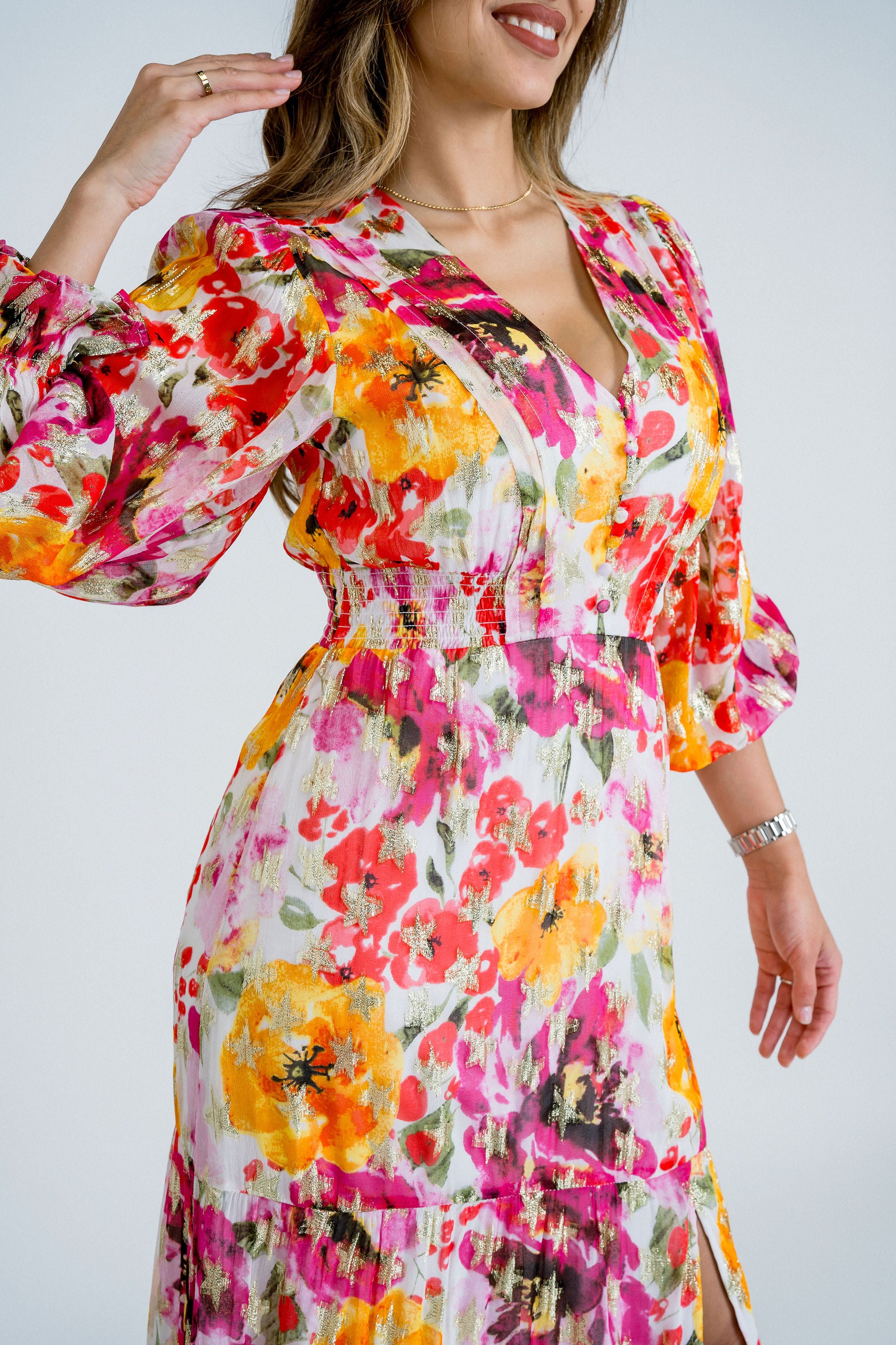 Metallic Printed Long Sleeve Floaty Midi Dress