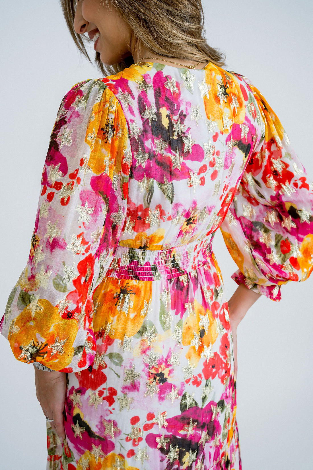 Metallic Printed Long Sleeve Floaty Midi Dress
