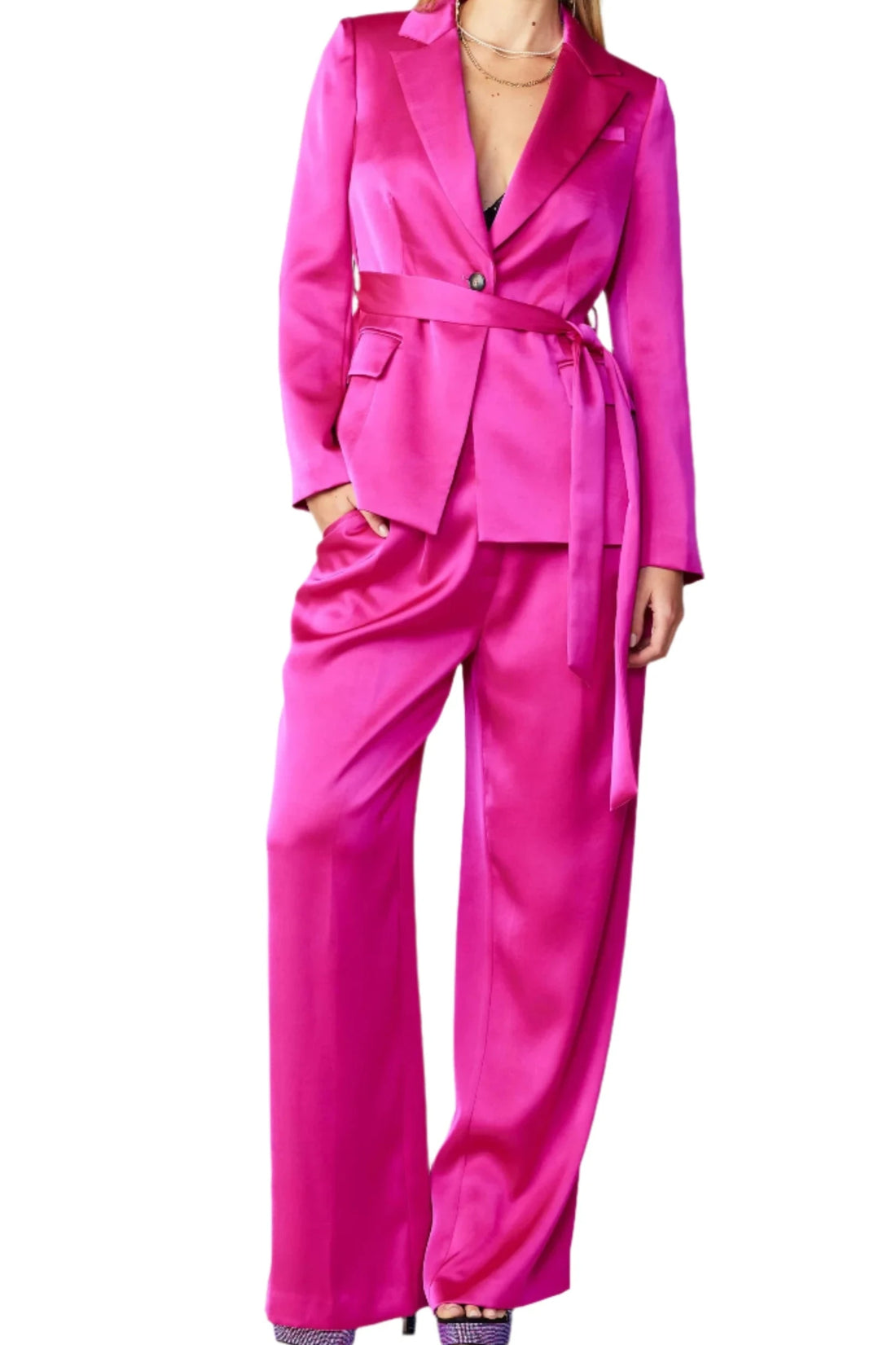 Belted Satin Blazer Set