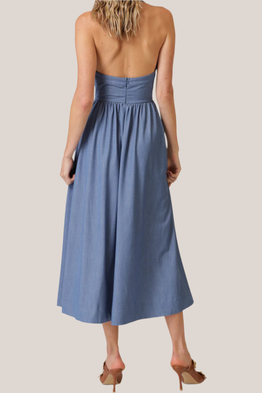 Summer Halter Soft Denim Midi Dress