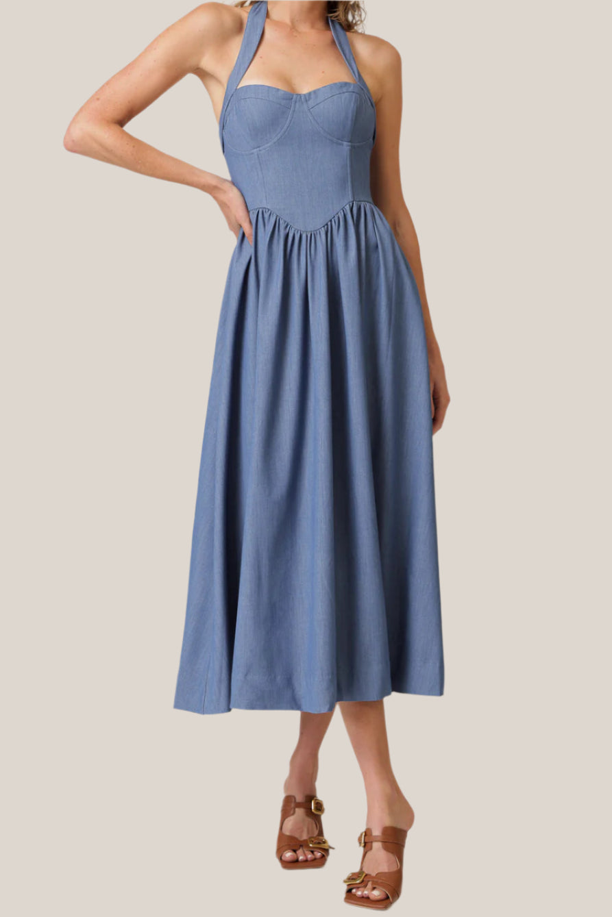 Summer Halter Soft Denim Midi Dress PTHALOPR Summer Halter Soft Denim Midi Dress PTHALOPR