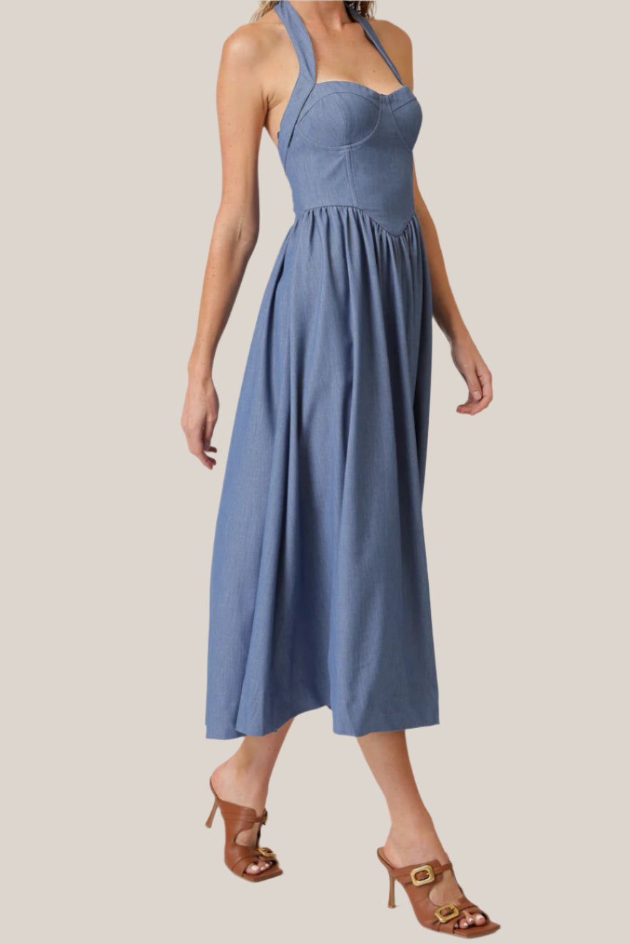Summer Halter Soft Denim Midi Dress